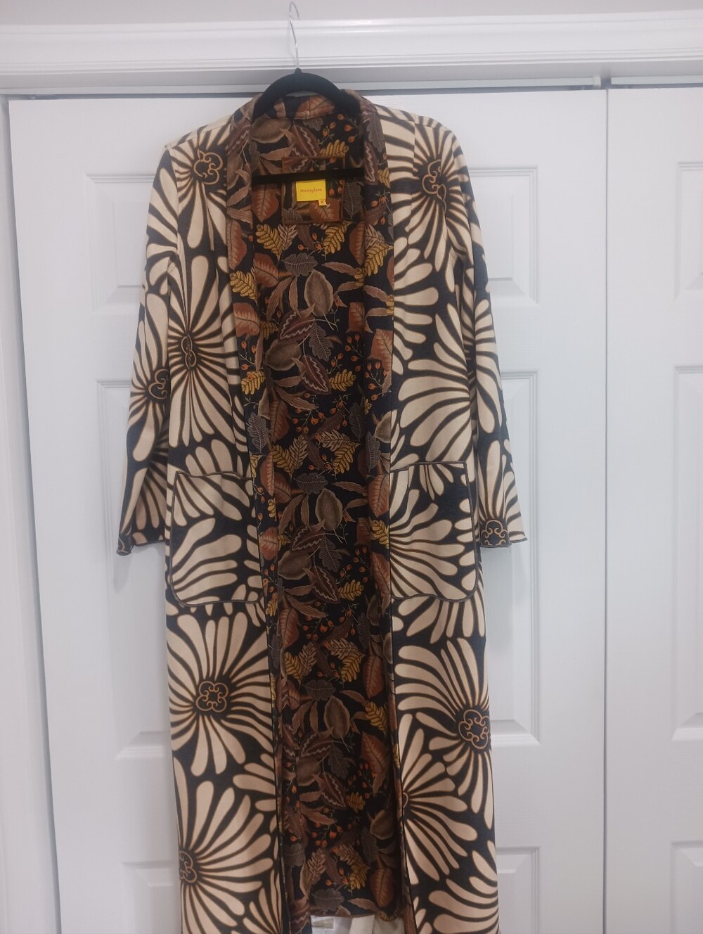 Long Floral Patterned Women's Coat - Black & Cream